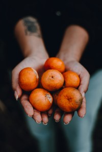 A person holding gowpen of satsumas